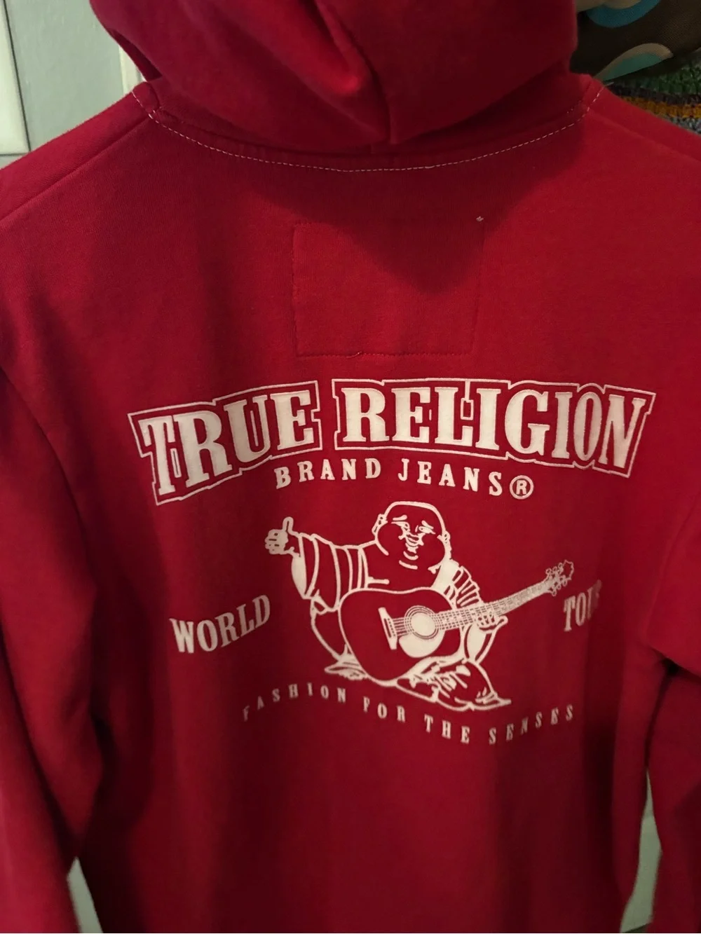 True Religion Red Zip Hoodie with White Drawstrings